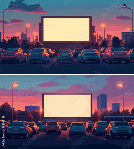 Cars on parking drive in movie theater cartoon vector scenes. Back view automobiles open air backyard cinema blank screen outdoor auto spot, evening sunset cityscape illustrations concepts