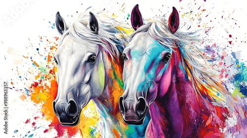 Two white horses with colorful paint splatters on a white background.