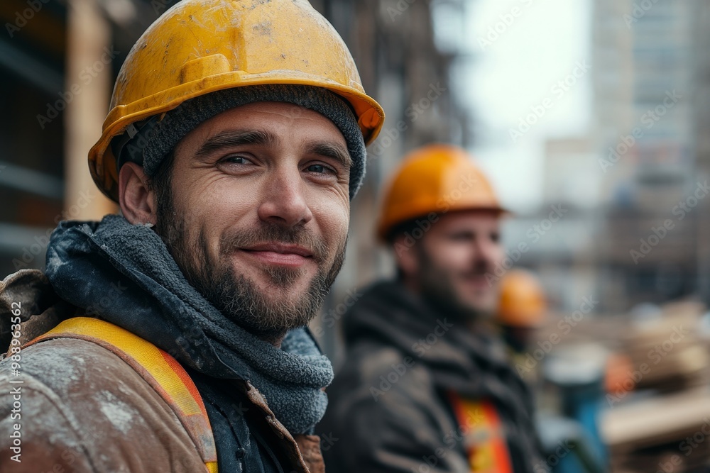 Portrait of happy building contractor and worker at construction site looking at camera, Generative AI Portrait of happy building contractor and worker at construction site looking at camera, Generative AI