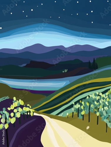 Abstract Landscape with Rolling Hills and Night Sky