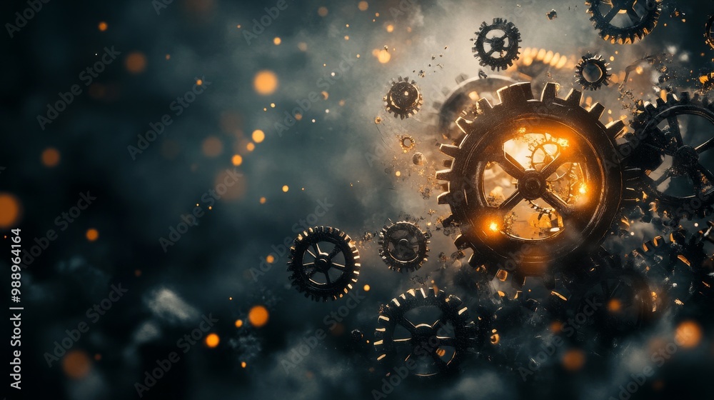 Abstract depiction of time with glowing gears and cogs interlocking in a dark void, conceptual art, mechanical glow