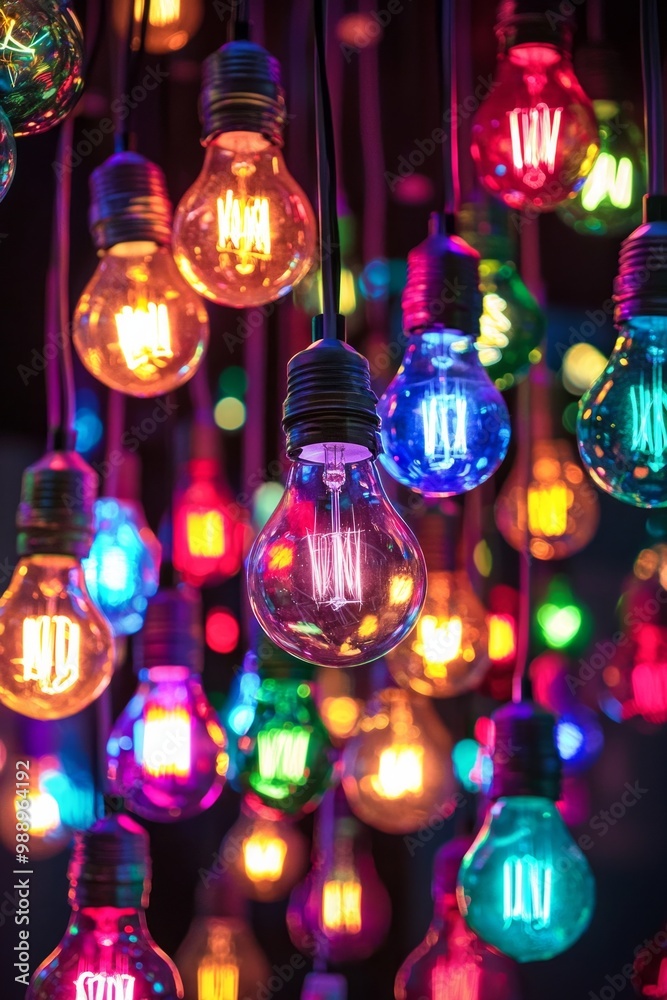 A dazzling array of colored light bulbs hanging from the ceiling, each glowing brightly, symbolizing bright ideas illuminating a mental space A dazzling array of colored light bulbs hanging from the ceiling, each glowing brightly, symbolizing bright ideas illuminating a mental space