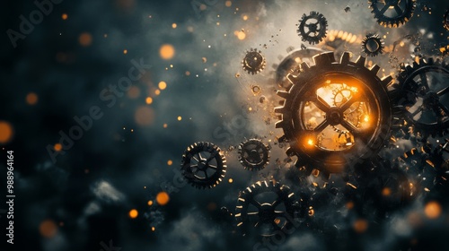 Obraz na płótnie Abstract depiction of time with glowing gears and cogs interlocking in a dark void, conceptual art, mechanical glow w salonie