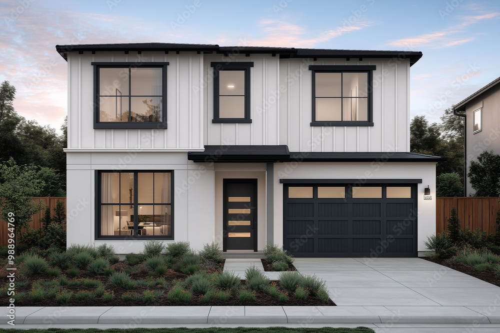 Modern Two-Story Home with Black Trim and Garage Door Modern Two-Story Home with Black Trim and Garage Door