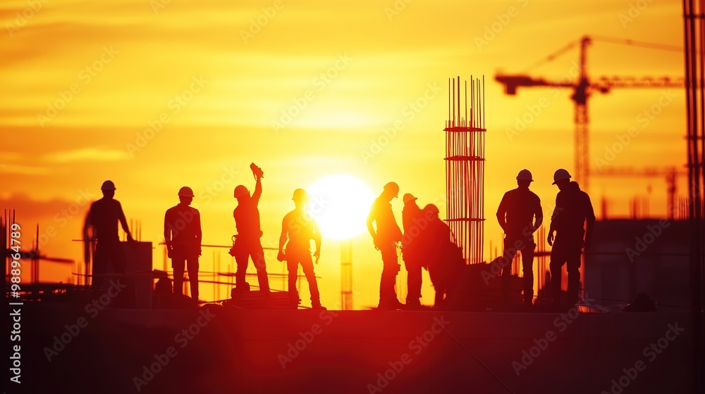 Engineer and team silhouettes working, setting sun creating a light flare. Engineer and team silhouettes working, setting sun creating a light flare.
