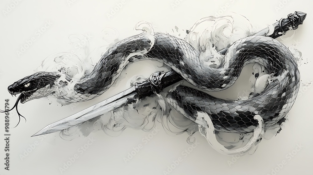 A black and white serpent coiled around a dagger, detailed scales and blade reflections, symbolizing danger and protection, bold line work and dramatic shading.  --ar 16:9 --no logo