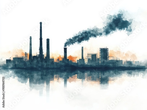 Industrial skyline with smokestacks and pollution on a white isolate background.