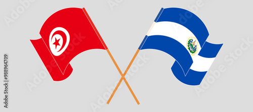 Crossed and waving flags of Tunisia and Republic of El Salvador. Vector illustration