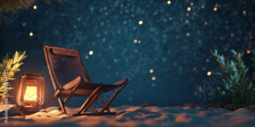 Cartoonish 3D icon of a camping chair and a lantern, with a background of a starry night sky photo