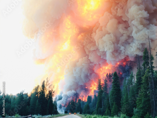 Intense forest fire: trees ablaze and smoke rising. This dramatic scene captures a forest fire in full effect, with flames engulfing the trees and smoke creating a haunting atmosphere. generative AI photo