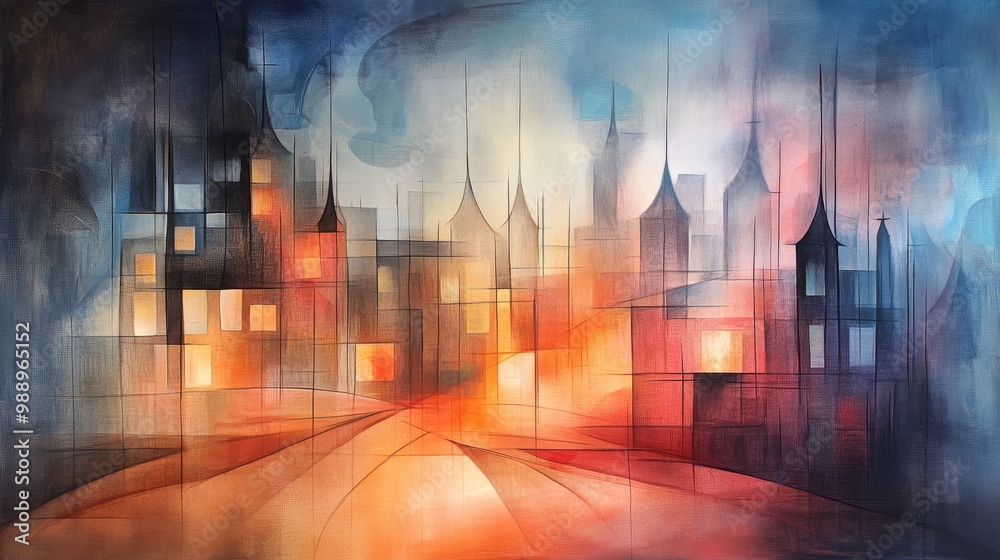 An abstract painting of a city skyline with glowing windows and neon outlines, urban art, night city glow An abstract painting of a city skyline with glowing windows and neon outlines, urban art, night city glow