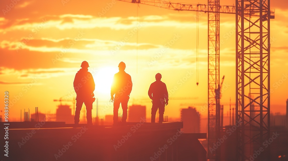 Fototapeta premium Silhouettes of construction workers and engineer at site with sunset backdrop.