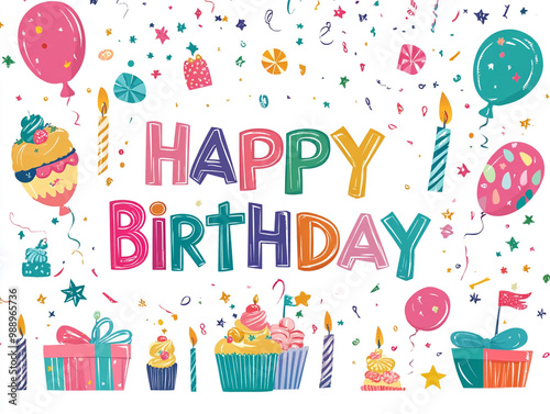 A colorful Happy Birthday card with the words HAPPY BIRTHDAY in large letters