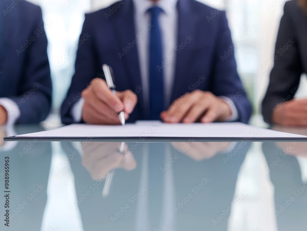 Hands signing important documents on a reflective table in a professional setting. Hands signing important documents on a reflective table in a professional setting.