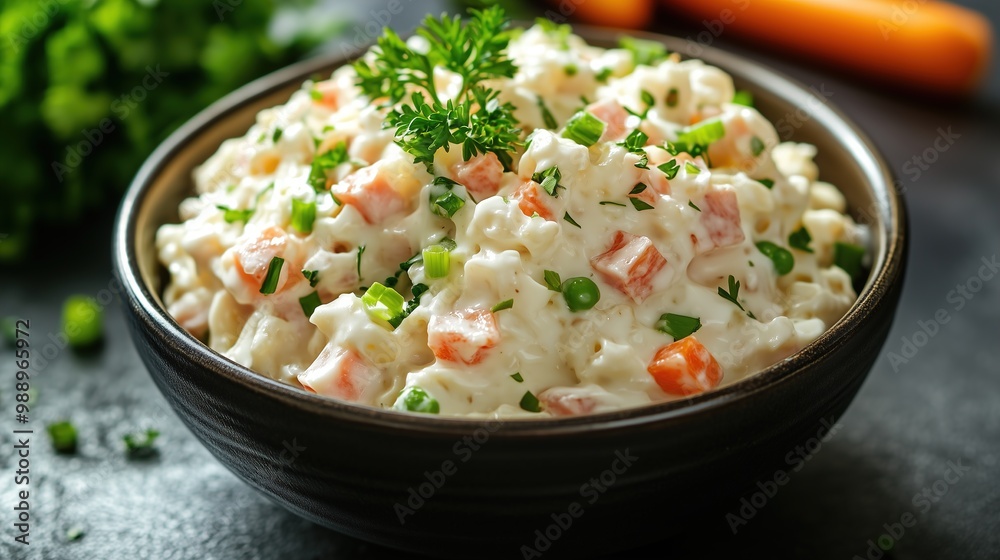 Olivier salad is absolutely unique and delicious. A traditional Russian cuisine. Dice the potatoes, onions, carrots, eggs and ham into small cubes in a large Olivier salad is absolutely unique and delicious. A traditional Russian cuisine. Dice the potatoes, onions, carrots, eggs and ham into small cubes in a large
