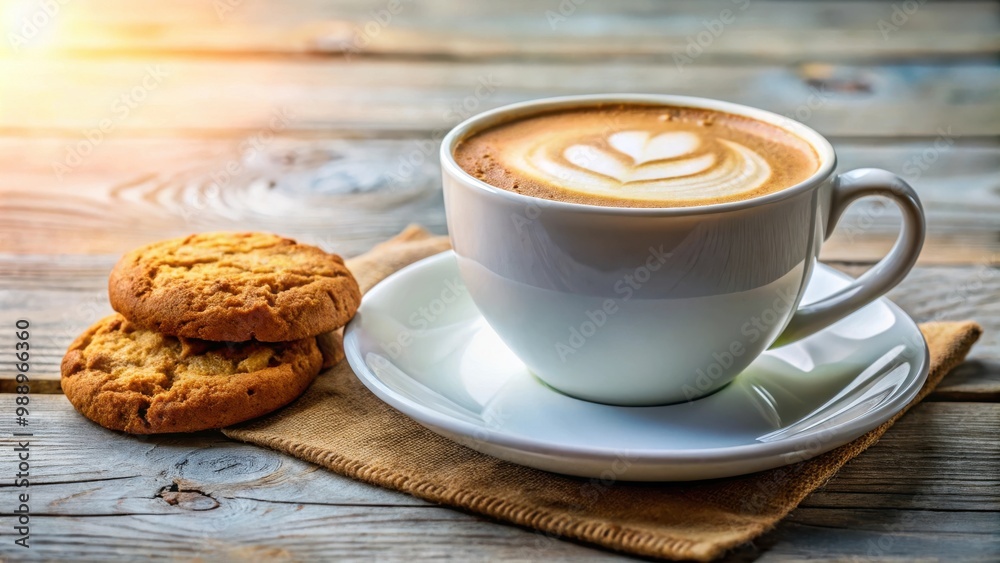 A cup of cappuccino coffee with a cookie on a saucer in a bright setting, perfect for a cozy coffee break A cup of cappuccino coffee with a cookie on a saucer in a bright setting, perfect for a cozy coffee break