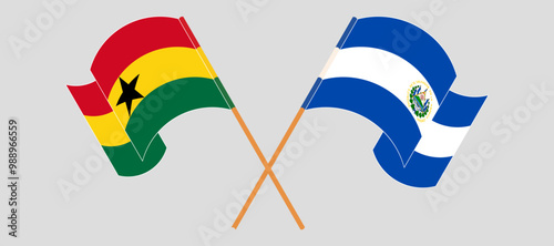 Crossed and waving flags of Ghana and Republic of El Salvador. Vector illustration