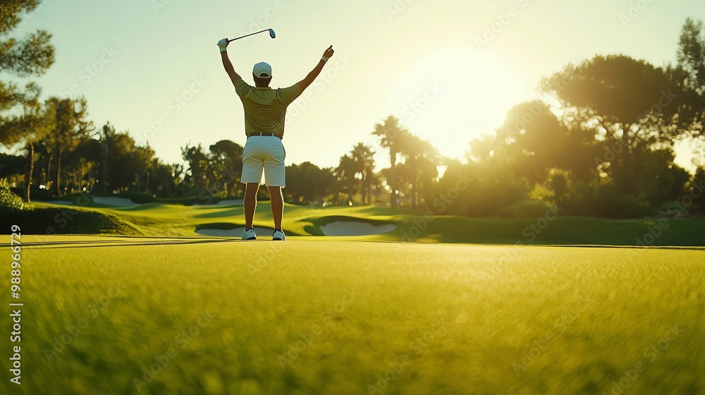A golfer celebrates after hitting a shot on a golf course. A golfer celebrates after hitting a shot on a golf course.