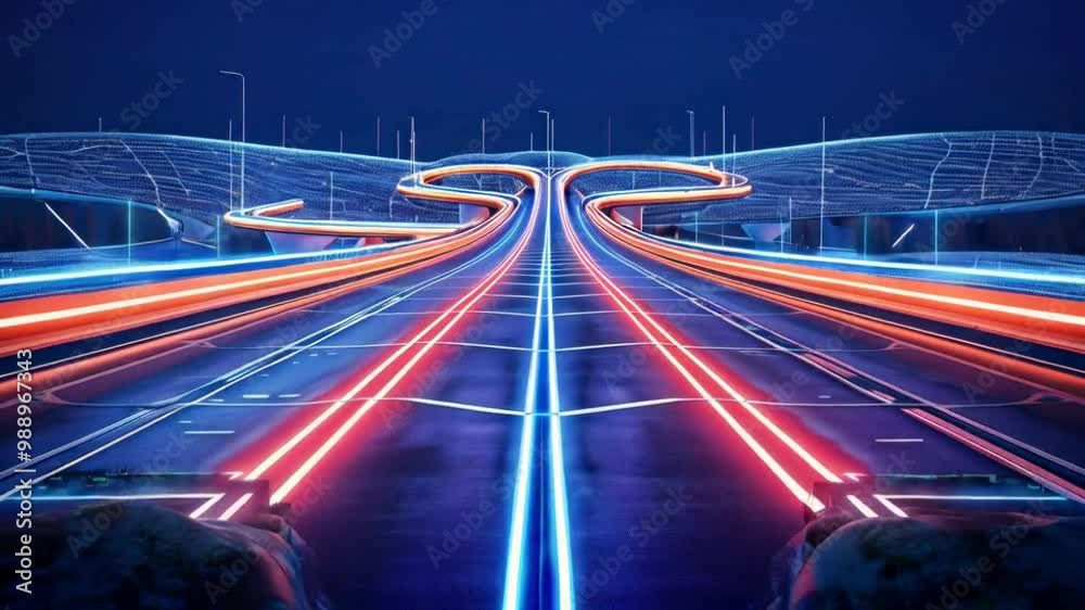 Futuristic road with glowing neon lines in a night landscape. Futuristic road with glowing neon lines in a night landscape.