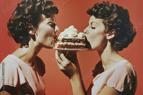 A woman eats a cake and licks her fingers, old fashioned style illustration. photo