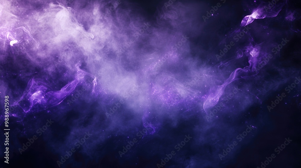 Fototapeta premium A dark, mystical background with purple sparks, swirling smoke, and magic fire particle effects, featuring foggy clouds and abstract violet energy for a spooky Halloween frame