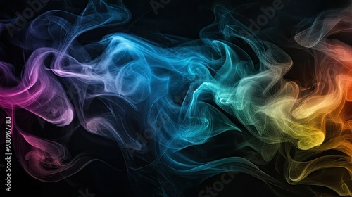 A dynamic blend of black smoke and rainbow-colored wisps flowing together, creating a vibrant and moody abstract background.