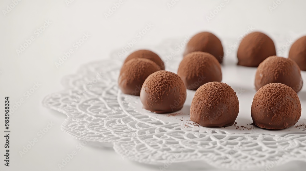 A plate of chocolate truffles arranged elegantly on a decorative lace doily. A plate of chocolate truffles arranged elegantly on a decorative lace doily.