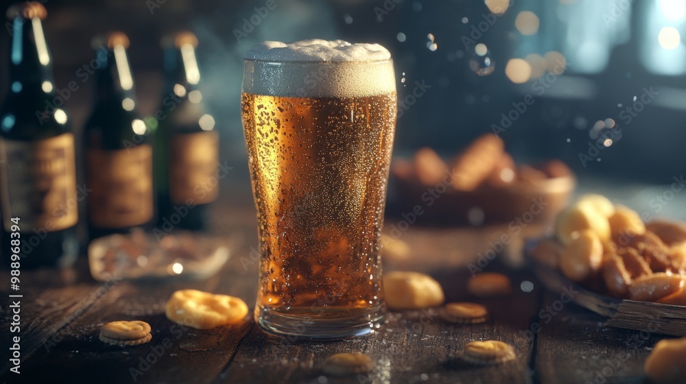 A frosty glass of beer with condensation, sitting on a rustic wooden table, surrounded by beer bottles and snacks, inviting viewers to enjoy a casual gathering. A frosty glass of beer with condensation, sitting on a rustic wooden table, surrounded by beer bottles and snacks, inviting viewers to enjoy a casual gathering.