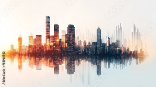Detailed city skyline with financial graphs overlay, representing urban economic growth, economic policy concept
