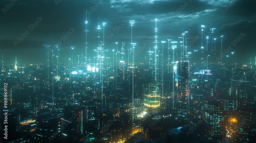 A futuristic city skyline illuminated at night, with glowing signals representing wireless networks, symbolizing the advancement of technology and connectivity. A futuristic city skyline illuminated at night, with glowing signals representing wireless networks, symbolizing the advancement of technology and connectivity.