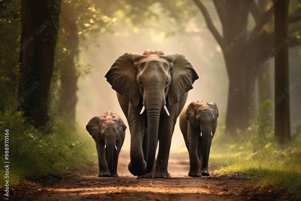 Fototapeta premium Elephants walking in forest wildlife outdoors animal.