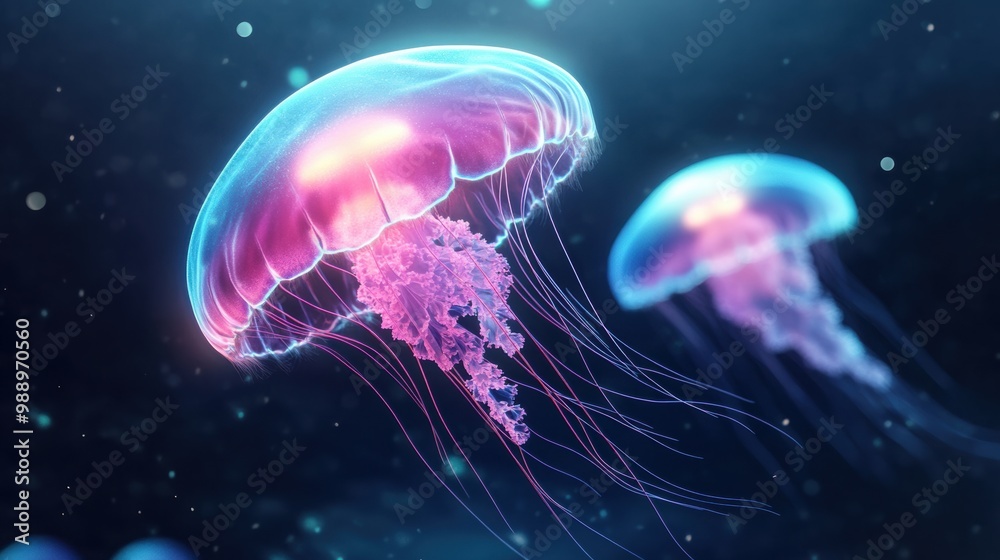 Colorful Jellyfish Swimming in Deep Ocean Water Colorful Jellyfish Swimming in Deep Ocean Water