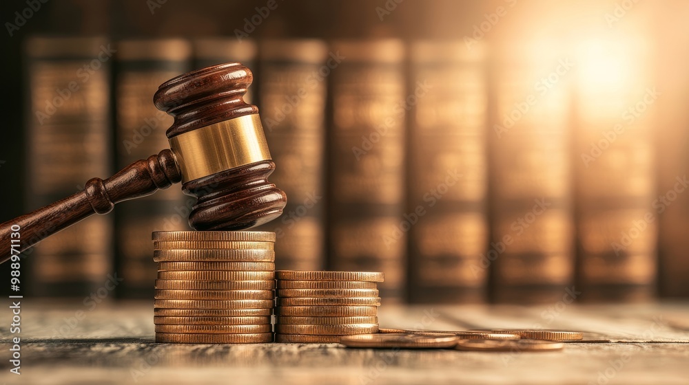 Gavel striking on a stack of coins with law books in the background, economic policy, financial regulation
