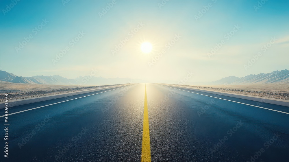Fototapeta premium Deserted highway stretches out under the midday sun, captured in 8K resolution with the sun directly overhead The scene is rendered with ultrarealistic detail and perfect focus