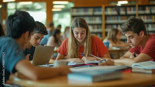 A group of students study in a library.