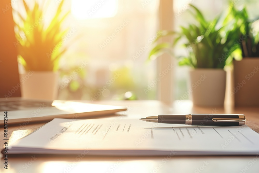 Fototapeta premium Pen resting on a document on an office desk, symbolizing business, agreements, or legal paperwork