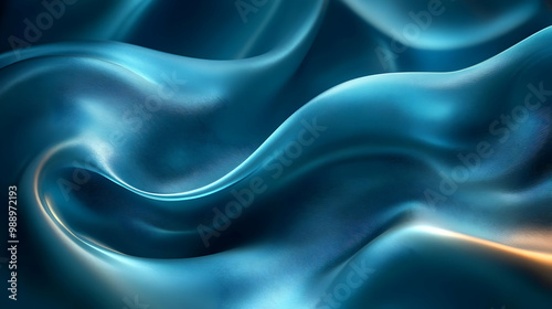 Abstract Blue Silk Fabric Waves in Motion, Smooth Flowing Texture, Luxurious Softness