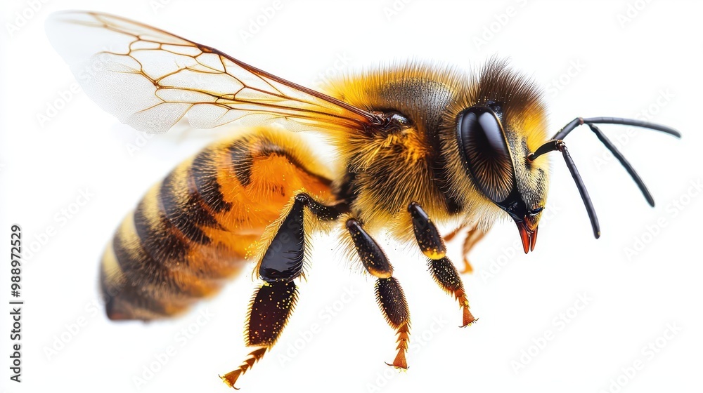 closeup of a honeybee in flight detailed wings and body pollencovered legs isolated on pure white background closeup of a honeybee in flight detailed wings and body pollencovered legs isolated on pure white background