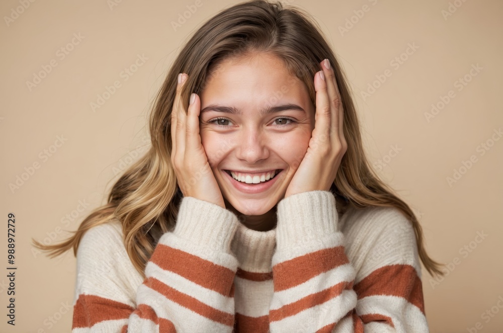 Portrait of smiling woman with blonde hair in stripes Portrait of smiling woman with blonde hair in stripes