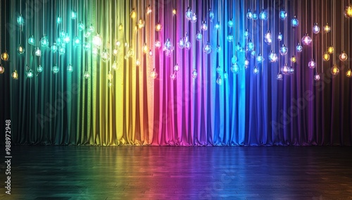 Colorful stage background with copy space , backdrop scenery with different colors making a multicolor and bright modern stage mockup with light bulbs