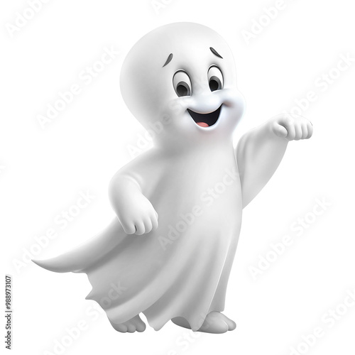  3d cartoon-style illustration of a friendly,smilling Casper like ghost isolated on transparent background,png image, This image is associated with halloween themes.