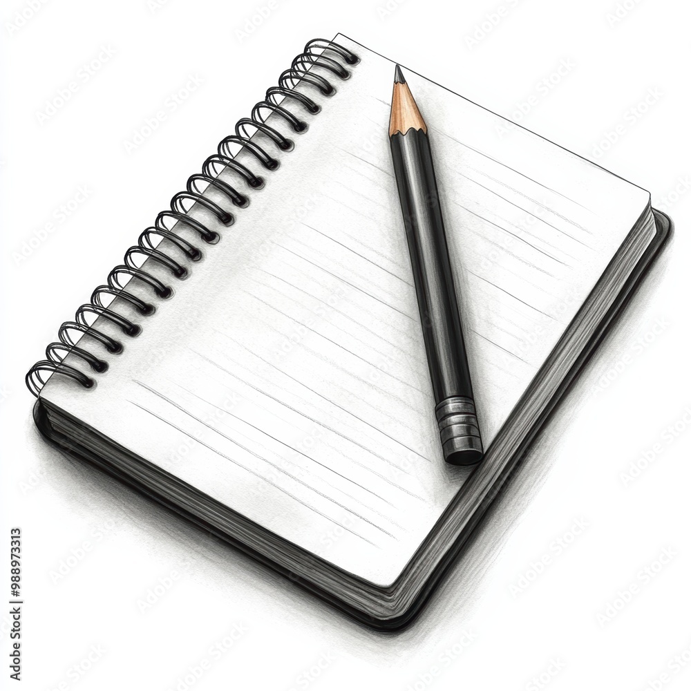 Open notebook with spiral binding and pencil on a white isolated background. Open notebook with spiral binding and pencil on a white isolated background.