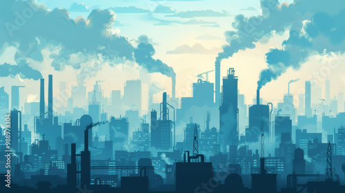 A city skyline filled with industrial buildings and smokestacks, creating moody atmosphere with smoke rising into sky.