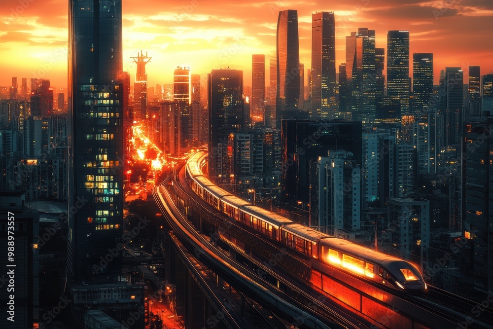Fototapeta premium Futuristic City with High-Speed Train at Sunset