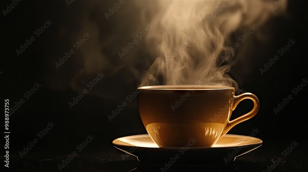 A detailed shot of a cup of coffee with visible steam, set against a black background, creating a warm and inviting atmosphere.