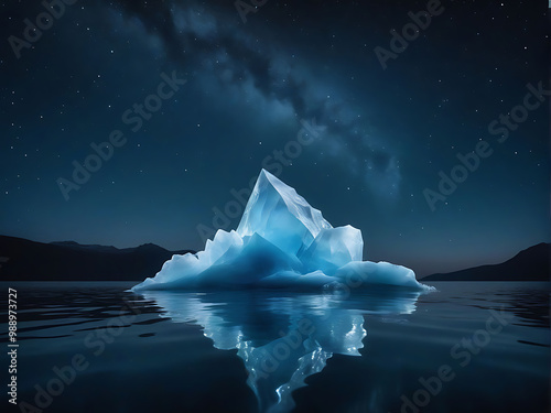 Glowing ice crystals floating in the sea, night sky