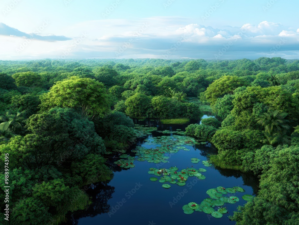 A lush wetland ecosystem full of life, with birds nesting in trees, frogs on lily pads, and an intricate system of waterways winding through it A lush wetland ecosystem full of life, with birds nesting in trees, frogs on lily pads, and an intricate system of waterways winding through it