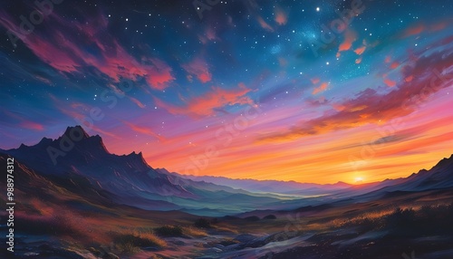 Mystical dreamlike atmosphere of a surreal sunset over an alien landscape with distant mountains and a star-filled colorful sky