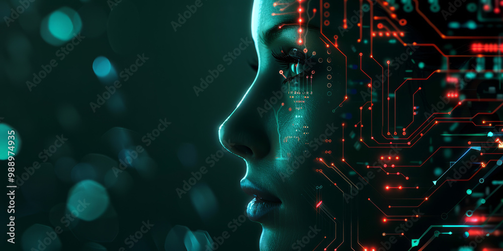 Neon glowing circuit board projection overlay half face beautiful woman on dark background. Tech backdrop with free space, copy space. Neon glowing circuit board projection overlay half face beautiful woman on dark background. Tech backdrop with free space, copy space.
