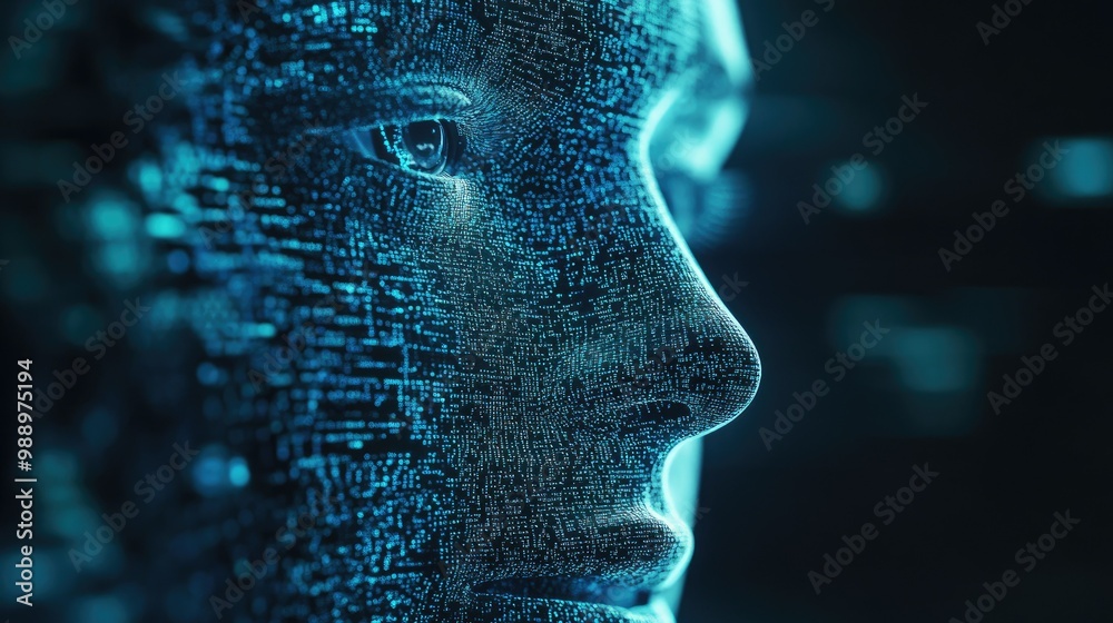 A close-up of a digital face made of code and data streams, showcasing the concept of AI in virtual environments. A close-up of a digital face made of code and data streams, showcasing the concept of AI in virtual environments.